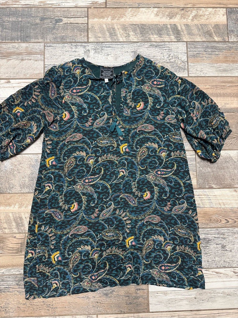 Johnny Was Teal Paisley Tie-Neck Blouse